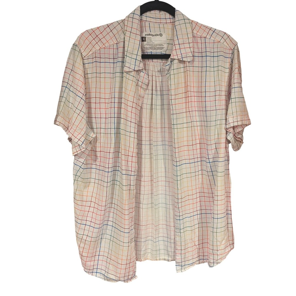 Take Pride Rainbow Plaid Short Sleeve Button Up Shirt XL